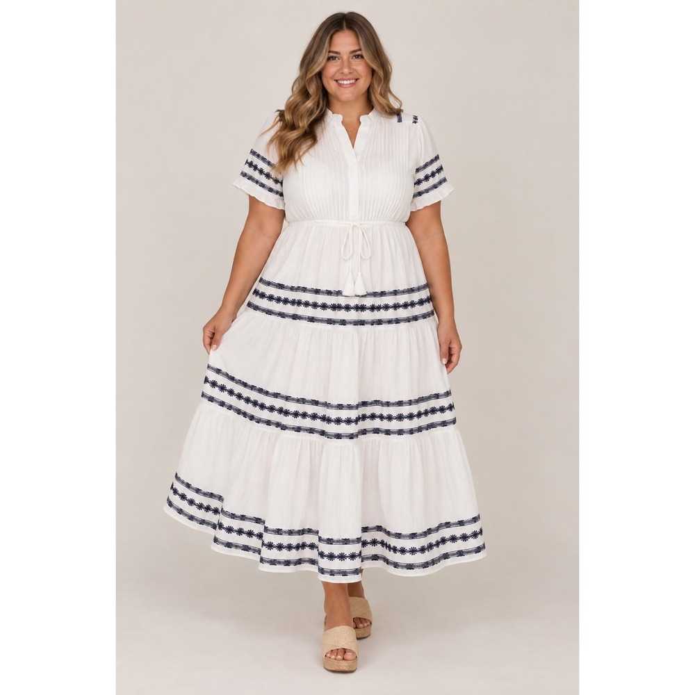 Ivy City Co Santorini White Blue Embroidered Tiered Maxi Dress Boho Womens 2x?